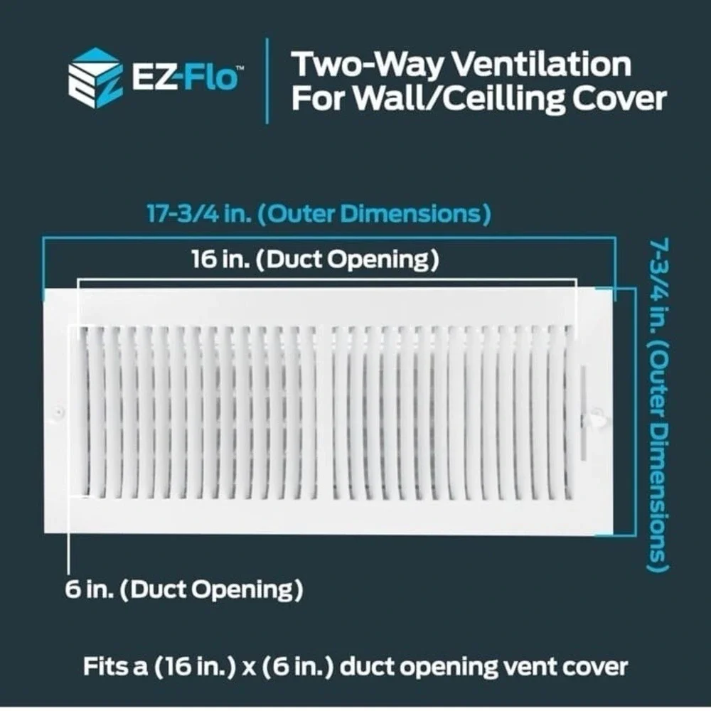New EZ-FLO 16 x 6 Inch (Duct Opening) White Air Vent Cover for Wall or Ceiling,